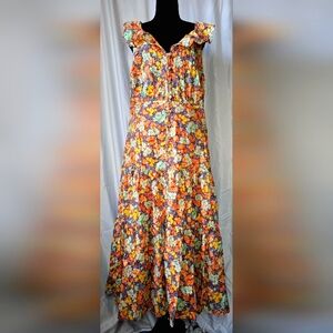🤎🩵 VERONICA BEARD Floral Ruffled Pleated Boho Midi Dress, Size 10